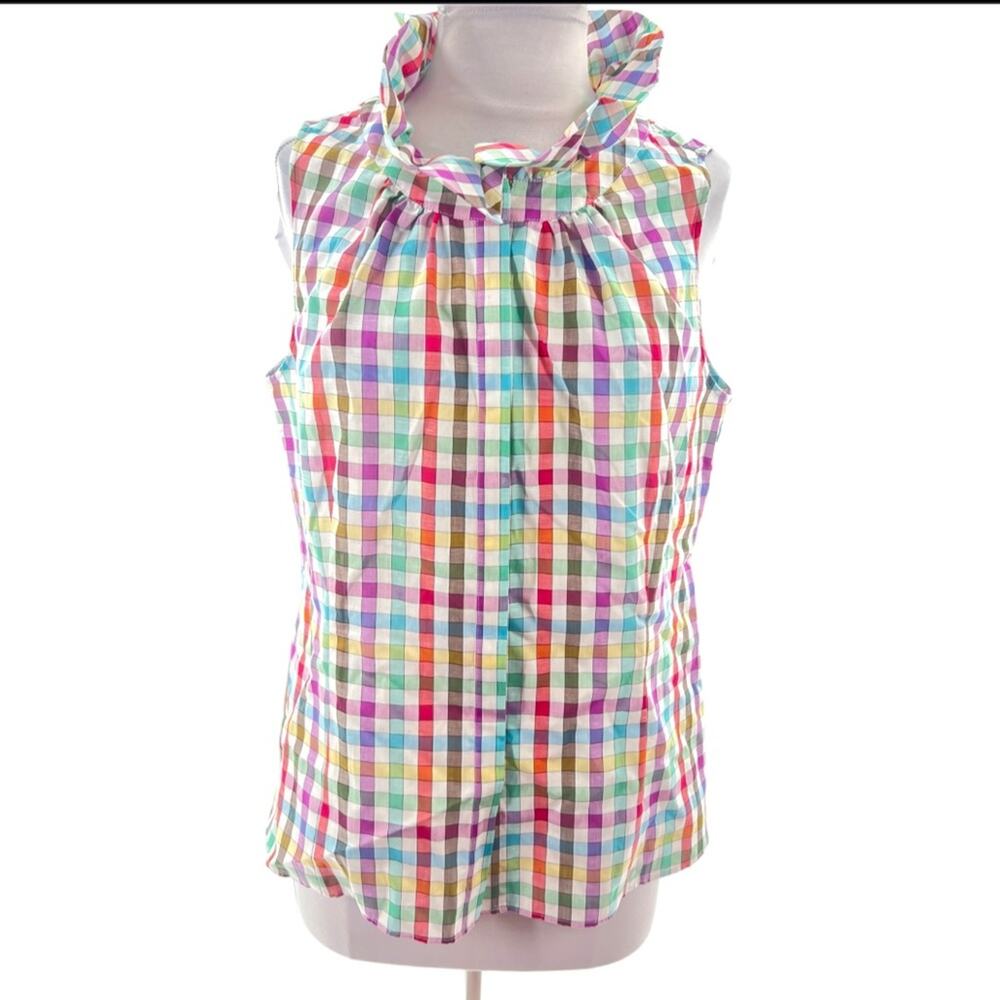 Lafayette 148 rainbow check ruffle‎ neck blouse sz 10 - Picture 1 of 6